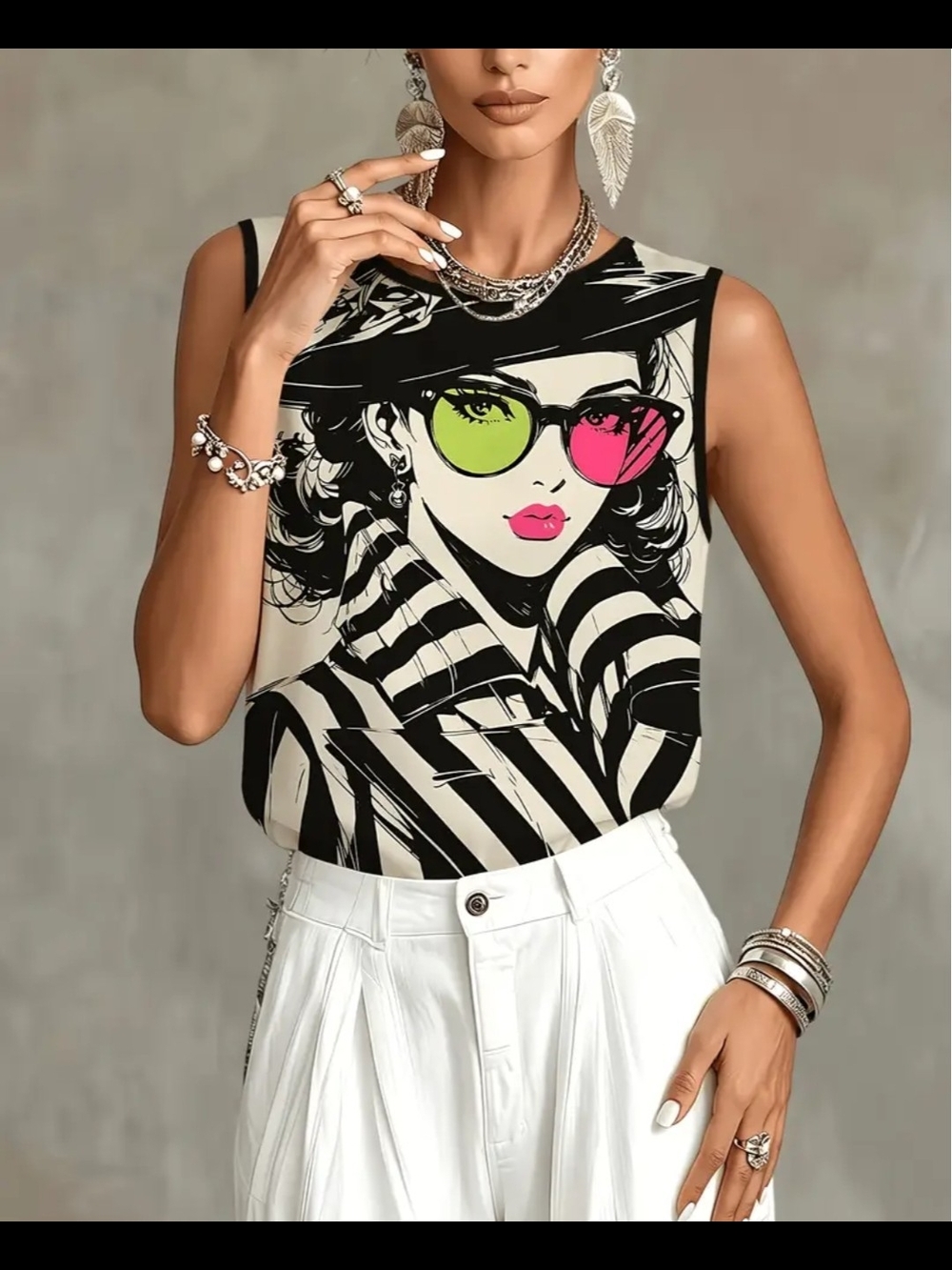 Graphic Black & Cream Sleeveless Women’s Top with Pink & Lime Accent